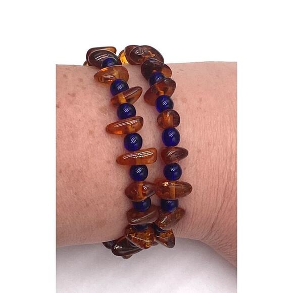 Amber Bracelet Blue Acrylic Divider Beads Memory Wire - Picture 8 of 11